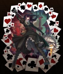  alice:_madness_returns alice_liddell_(american_mcgee&#039;s_alice) american_mcgee&#039;s_alice boots brown_hair card card_background castle commentary_request female floating_card green_eyes heart heart_card long_hair mizukai photoshop_(medium) solo weapon 