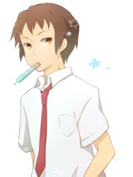  1boy bad_id bad_pixiv_id brown_hair food kinokosuke kita_high_school_uniform kyon looking_back male_focus mouth_hold necktie orange_eyes popsicle red_necktie school_uniform shirt short_sleeves solo star_(symbol) summer_uniform suzumiya_haruhi_no_yuuutsu sweat tupet white_background white_shirt 