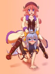  2girls all_fours animal_ears bare_shoulders black_legwear blue_eyes blush bondage breasts bridle cleavage collarbone commentary_request crawling dress femdom fur_trim gagged garter_straps grey_hair hat holding holding_reins horns horse_ears horse_girl horse_tail horseback_riding kemonomimi_mode kuromiya kuzakura_mika_(kuromiya) long_hair looking_at_viewer multiple_girls open_mouth original pet_play pink_hair pony_play purple_eyes reins riding sitting sitting_on_person souma_ren_(kuromiya) stirrups_(riding) tail thighhighs yuri 