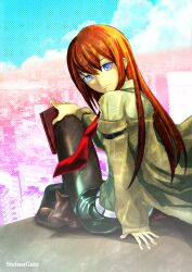  bad_id bad_pixiv_id blue_eyes book brown_hair female ivuki jacket long_hair makise_kurisu necktie pantyhose pantyhose_under_shorts red_necktie shorts solo steins;gate 