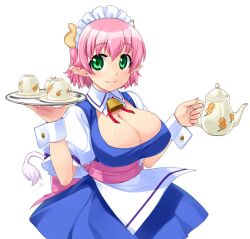  animal_ears bell blush breasts cleavage cleavage_cutout clothing_cutout collar commentary_request cow_ears cow_girl cow_tail cowbell cup elfleda_mirjasdottir female green_eyes horns huge_breasts lotte_no_omocha! maid maid_headdress mizuki_gyokuran neck_bell photoshop_(medium) pink_hair pointy_ears short_hair skirt smile solo tail teacup teapot tray wrist_cuffs 