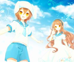  1boy :d akane_(goma) akira_(goma) animal_ears bad_id bad_pixiv_id blue_sailor_collar blush brother_and_sister brown_hair cloud day dress female goma_(11zihisin) hairband hat long_hair midriff navel open_mouth original otoko_no_ko outstretched_arms photoshop_(medium) rabbit_ears sailor_collar sailor_dress short_hair shorts siblings sky smile spread_arms twins wavy_hair yellow_eyes 