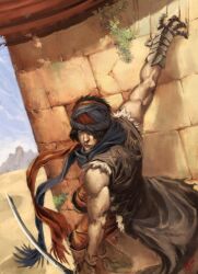  1boy black_hair blue_eyes claws commentary english_commentary gauntlets gloves male_focus prince_(2008) prince_of_persia prince_of_persia_(2008) rogie_custodio scarf solo sword weapon 