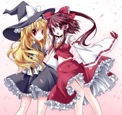  2girls blonde_hair bow brown_hair colorized commentary_request detached_sleeves hairbow hakurei_reimu hat highres holding_hands kirisame_marisa long_hair looking_at_viewer midriff multiple_girls navel smile touhou wata_(akawata) witch_hat 