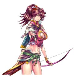  asymmetrical_gloves belt between_breasts bow_(weapon) breasts commentary_request earrings elbow_gloves female fingerless_gloves gloves jewelry medium_breasts midriff mismatched_gloves navel original ponytail q_azieru quiver single_elbow_glove solo standing transparent_background weapon 