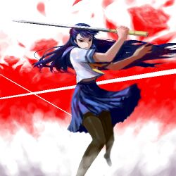  bad_id bad_pixiv_id blue_hair female futaba_channel katana koronu koronu_korinne long_hair lowres oekaki pantyhose red_eyes school_uniform serafuku shinmai_(kyata) skirt solo sword weapon 