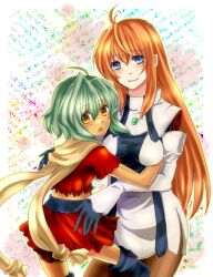  2girls :o bad_id bad_pixiv_id blue_eyes blush boots dark-skinned_female dark_skin elbow_gloves elhaym_van_houten emerada_(xenogears) gloves green_hair haruto_yuki hug long_hair midriff mother_and_daughter multiple_girls orange_hair pantyhose scarf shirt short_hair skirt smile thigh_boots thighhighs torn_clothes torn_shirt xenogears yellow_eyes 