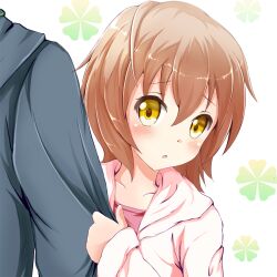  1boy akane_(goma) blush borrowed_character brown_hair clothes_grab commentary_request ok-ray original otoko_no_ko photoshop_(medium) short_hair sleeve_grab solo_focus yellow_eyes 