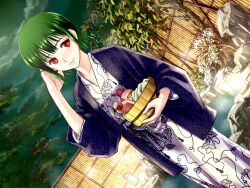  10gallon adjusting_hair bath_yukata blue_kimono bucket commentary_request female green_hair hanten_(clothes) highres idolmaster idolmaster_(classic) japanese_clothes kimono mole mole_under_mouth onsen otonashi_kotori red_eyes short_hair smile solo wooden_bucket yukata 