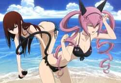  2girls absurdres akiha_rumiho animal_ears beach bikini blue_eyes breasts brown_hair cat_ears cleavage cloud day drill_hair highres imageboard_desourced long_hair makise_kurisu medium_breasts multiple_girls non-web_source nyantype ocean official_art one_eye_closed outdoors paw_pose pink_eyes pink_hair sakai_kyuuta scan side-tie_bikini_bottom sky steins;gate swimsuit tail twintails water 