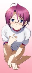  akechi_mitsuhide_(sengoku_otome) arm_support bad_id bad_pixiv_id blue_eyes blush daitabashi_kinu female glasses gradient_background gym_uniform kneeling purple_hair sengoku_otome solo 