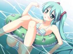  aqua_eyes aqua_hair bikini blush comiket_80 commentary_request female food hachune_miku hatsune_miku highres innertube long_hair photoshop_(medium) popsicle project_diva project_diva_(series) skywaker solo swim_ring swimsuit swimwear_(module) twintails very_long_hair vocaloid water 