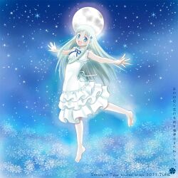  ano_hi_mita_hana_no_namae_wo_bokutachi_wa_mada_shiranai. ariga_nao barefoot blue_eyes blush commentary_request dress female full_moon hair_ornament hairclip honma_meiko long_hair moon open_mouth outstretched_arms sleeveless smile solo spread_arms white_hair 