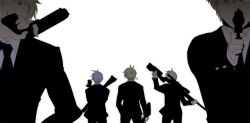  5boys ahoge aiming aiming_at_viewer animal animal_on_shoulder axis_powers_hetalia bad_id bad_pixiv_id bird bird_on_shoulder blonde_hair blue_eyes denmark_(hetalia) finland_(hetalia) formal from_behind glasses grey_hair gun handgun iceland_(hetalia) male_focus miyamayomema multiple_boys muted_color necktie norway_(hetalia) photoshop_(medium) rifle simple_background sniper_rifle suit sweden_(hetalia) weapon 