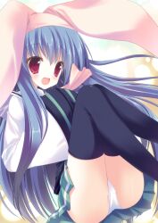  :d bad_id bad_pixiv_id black_thighhighs blue_hair blush borrowed_character dekarunanshi_mohoro_byoudouin_gachiko_(takesinobu) female hat long_hair open_mouth original p19 panties pantyshot red_eyes sitting skirt sleeves_past_wrists smile solo thighhighs underwear very_long_hair white_panties 