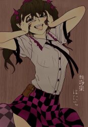  bad_id bad_pixiv_id belt brown_eyes brown_hair case cellphone checkered_clothes checkered_skirt fangs female hands hands_on_own_face hat highres himekaidou_hatate long_hair necktie open_mouth phone pointy_ears shiba_itsuki skirt solo tokin_hat tongue touhou twintails 