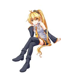  akita_neru ankle_boots black_thighhighs blonde_hair boots colorized commentary_request crossed_legs detached_sleeves female highres legs long_hair nail_polish necktie photoshop_(medium) side_ponytail sitting skirt smile solo thighhighs very_long_hair vocaloid wata_(akawata) yellow_eyes yellow_nails yellow_necktie 