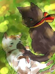  ahoge animal animal_focus animalization axis_powers_hetalia bad_id bad_pixiv_id black_cat blue_eyes blush blush_stickers closed_eyes feline flag_print german_flag germany_(hetalia) germany_(nekotalia) grass lying male_focus niisang2 no_humans northern_italy_(hetalia) northern_italy_(nekotalia) on_back print_ribbon ribbon sitting tail whiskers 