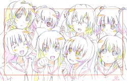  6+girls :d akaza_akari artist_logo bow closed_eyes color_trace colored_pencil_(medium) commentary_request dated double_bun everyone funami_yui furutani_himawari glasses hair_bobbles hair_bun hair_ornament hairbow ikeda_chitose long_hair miyahara_takuya multiple_girls nanamori_school_uniform oomuro_sakurako open_mouth photoshop_(medium) production_art school_uniform serafuku short_hair smile sugiura_ayano toshinou_kyouko traditional_media trim_marks twintails yoshikawa_chinatsu yuru_yuri 