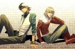  2boys barnaby_brooks_jr. belt blonde_hair boots brown_eyes brown_hair cabbie_hat commentary_request facial_hair glasses goatee green_eyes hand_on_head hat jacket jewelry kaburagi_t._kotetsu male_focus multiple_boys necklace necktie red_jacket sakamoto_akira sitting studded_belt tiger_&amp;_bunny vest watch wristwatch 