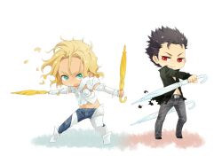  2boys armor bad_id bad_pixiv_id black_hair blonde_hair denim el_shaddai enoch green_eyes gucha_(netsu) jeans lucifel_(el_shaddai) multiple_boys open_mouth pants umbrella 