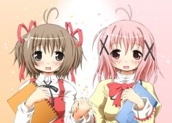  2girls ahoge alternate_hairstyle black_eyes blush bow brown_hair commentary_request company_connection cosplay costume_switch creator_connection crossover hair_ribbon hidamari_sketch holding_hands kaname_madoka kaname_madoka_(cosplay) mahou_shoujo_madoka_magica mahou_shoujo_madoka_magica_(anime) multiple_girls open_mouth pink_eyes pink_hair ribbon sakuraebi_chima school_uniform shaft_(company) short_hair short_twintails twintails yuno_(hidamari_sketch) yuno_(hidamari_sketch)_(cosplay) 