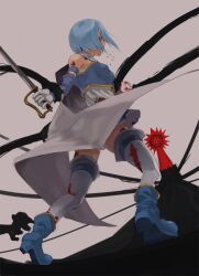  back bare_shoulders blood blue_hair boots cape cloak commentary_request elsa_maria_(madoka_magica) female gloves injury jyon magical_girl mahou_shoujo_madoka_magica mahou_shoujo_madoka_magica_(anime) miki_sayaka miki_sayaka_(magical_girl) short_hair sword thighhighs weapon white_cape witch&#039;s_labyrinth 