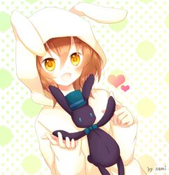  1boy :d akane_(goma) animal_ears bad_id bad_pixiv_id brown_hair doll goma_(11zihisin) heart hood hoodie male_focus open_mouth original otoko_no_ko photoshop_(medium) rabbit_ears short_hair smile solo souta_(goma) stuffed_animal stuffed_rabbit stuffed_toy yellow_eyes 