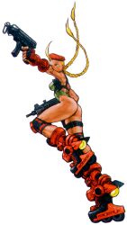  1990s_(style) antenna_hair ass beret blonde_hair blue_eyes braid cammy_white dual_wielding female finger_on_trigger fingerless_gloves folding_stock full_body gloves green_leotard gun gunspike hat holding holding_gun holding_weapon holster knee_pads leotard long_hair looking_afar nishimura_kinu official_art pointing_gun retro_artstyle roller_skates scar simple_background skates skorpion_vz._61 solo street_fighter submachine_gun thong_leotard twin_braids uzi weapon white_background 