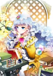  aged_up bad_id bad_pixiv_id blue_eyes blue_hair book book_stack bookmark cherrypin clarice_altheim colorful dress female frills gathers grey_hair jewelry long_hair necklace open_book photoshop_(medium) quill sitting solo sword_girls vial wavy_hair 