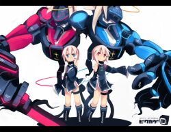  2girls blonde_hair blue_eyes character_request commentary_request cross detached_sleeves fuukadia_(narcolepsy) hair_ornament halo letterboxed mecha multiple_girls pixiv_shadow red_eyes robot shadow siblings sisters sword twins weapon 