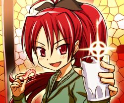  commentary_request cup drinking_glass female glass hajime_(caramel_toone) long_hair looking_at_viewer mahou_shoujo_madoka_magica mahou_shoujo_madoka_magica_(anime) octopus oerba_yun_fang ponytail pulque red_eyes red_hair sakura_kyoko solo upper_body 