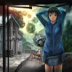  arms_up bad_id bad_pixiv_id belt_pouch black_eyes black_hair cloud female floating hood hood_down hoodie machine original pouch rain shijima_(tanfn) short_hair skirt sky solo 