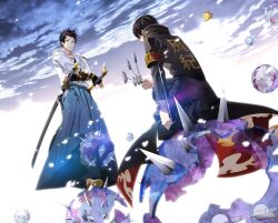  2boys bird blue_hakama chick cuffs dual_wielding hakama hakama_skirt handcuffs hibari_kyouya hibird holding japanese_clothes jewelry katana katekyo_hitman_reborn! male_focus multiple_boys necklace skirt spikes sword tonfa weapon yamamoto_takeshi yun_(neo) 