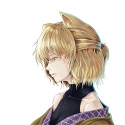  animal_ears bare_shoulders baten_(gei-vorugu) collarbone commentary_request female green_eyes half_updo highres kemonomimi_mode lips mizuhashi_parsee parted_lips profile simple_background solo touhou upper_body 