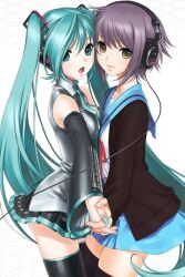  2girls :o aqua_eyes aqua_hair aqua_nails asymmetrical_docking bare_shoulders black_thighhighs blue_skirt blush breast_press breasts brown_cardigan cardigan crossover detached_sleeves fake_nails fingernails hatsune_miku headphones holding_hands kita_high_school_uniform long_hair long_sleeves medium_breasts multiple_girls nagato_yuki nail_polish necktie nose open_cardigan open_clothes open_mouth purple_hair sano_toshihide school_uniform serafuku simple_background skirt smile suzumiya_haruhi_no_yuuutsu thighhighs tissue_princess vocaloid winter_uniform yellow_eyes zettai_ryouiki 