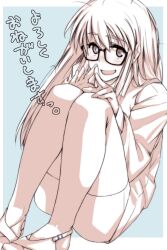  aiba-tsukiko bike_shorts commentary_request female glasses highres long_hair monochrome original photoshop_(medium) solo 