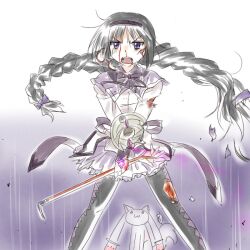  akemi_homura akemi_homura_(magical_girl) black_hair blood braid broken commentary_request crowbar female glasses glowing hairband holding holding_crowbar kyuubee long_hair magical_girl mahou_shoujo_madoka_magica mahou_shoujo_madoka_magica_(anime) nosebleed open_mouth pantyhose purple_eyes red-framed_eyewear solo spoilers supon torn_clothes twin_braids twintails 