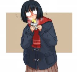  aiba-tsukiko bag black_hair blush coat commentary eating female fogged_glasses food freckles glasses jacket jimiko opaque_glasses original pleated_skirt red_scarf scarf school_uniform short_hair skirt solo sweet_potato winter_clothes winter_coat 