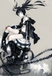  bikini bikini_top_only black_hair black_rock_shooter black_rock_shooter_(character) black_shorts blue_eyes boots chains coat commentary_request female long_hair midriff navel no_shirt oguchi pale_skin partial_commentary shorts solo swimsuit twintails 