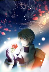  1boy bad_id bad_pixiv_id bare_shoulders blonde_hair blue_eyes bob_cut cis_(tiger_&amp;_bunny) dress epaulettes female floating floating_object flower hairband hands_up helmet isu_(artist) keith_goodman night night_sky power_suit red_flower red_rose rose short_hair sky sky_high_(tiger_&amp;_bunny) star_(sky) starry_sky superhero_costume tiger_&amp;_bunny unworn_headwear unworn_helmet 