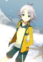  1boy ahoge bad_id bad_pixiv_id blue_eyes fubuki_shirou hand_in_pocket inazuma_eleven inazuma_eleven_(series) jacket male_focus mami_(apsaras) snow solo white_hair 