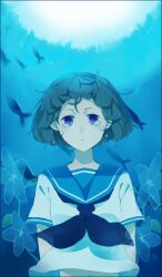  bad_id bad_pixiv_id blue_eyes blue_theme brown_hair female fish flower monochrome original sana423 school_uniform serafuku short_hair solo tears 