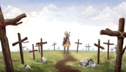  1boy baggy_pants blonde_hair cloud cloudy_sky commentary cross day dragon_nest from_behind gloves grass grave graves graveyard h5we31 highres male_focus outdoors pants path road rock scenery sheath sheathed sky solo standing sword sword_on_back warrior_(dragon_nest) weapon weapon_on_back wide_shot 