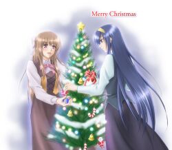  2girls :d bell blouse blue_background blue_eyes blue_hair blush bow bowtie brown_hair candy candy_cane christmas christmas_lights christmas_ornaments christmas_tree commentary_request corset dress fervent_idiot food garland_(decoration) gift glowing hairband hairbow half_updo himiko_(kyoushirou_to_towa_no_sora) holding holding_gift kaon_(kyoushirou_to_towa_no_sora) kyoushirou_to_towa_no_sora lights long_hair long_skirt long_sleeves merry_christmas multiple_girls open_mouth profile purple_eyes santa_claus shirt sidelocks skirt smile standing star_(symbol) tree very_long_hair vest 