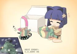  animal_ears arrow_(symbol) bad_id bad_pixiv_id blue_hair caterpillar_tracks chibi christmas female gift gun hair_intakes imperial_japanese_army jiji_(aardvark) m4_sherman mc_axis medium_tank military military_vehicle motor_vehicle no_nose open_mouth photoshop_(medium) ribbon smile solo star_(symbol) tank turret type_97_chi-ha weapon 