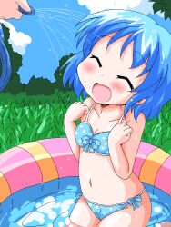  :d ^_^ bikini blue_hair blue_sky blush closed_eyes cloud commentary_request female geetsu hose jaggy_lines kneeling navel oekaki open_mouth outdoors polka_dot polka_dot_bikini short_hair sky smile solo swimsuit tatara_kogasa touhou wading_pool water wet 