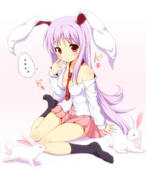  ... animal_ears bare_shoulders between_breasts breasts cleavage clothes_between_breasts commentary_request dress_shirt embarrassed female hand_on_own_face inaba_tewi_(bunny) light_purple_hair long_hair medium_breasts no_bra off_shoulder open_clothes open_shirt pleated_skirt rabbit rabbit_ears red_eyes reisen_udongein_inaba shirt sitting skirt socks solo touhou yamasaki_wataru 