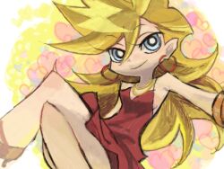  bad_drawr_id bad_id bad_link blonde_hair blue_eyes dress earrings female jewelry long_hair oekaki panty_&amp;_stocking_with_garterbelt panty_(psg) red_dress sitting solo tan_tan_tanuki 