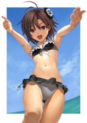  absurdres antenna_hair armpits bikini black_bikini blue_eyes brown_hair commentary_request day female frilled_bikini frills front-tie_top hair_ornament heart highres idolmaster idolmaster_(classic) idolmaster_2 kikuchi_makoto md5_mismatch navel nekopuchi ocean open_mouth outdoors outstretched_arms short_hair sky smile solo swimsuit thigh_gap vivid_bikini_(idolmaster) 